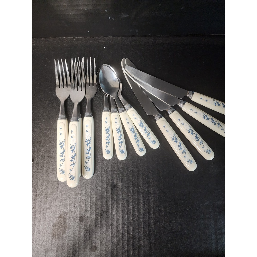 Vintage 12pc Stainless Taiwan Blue Floral Flatware Set Cream Handles Cottagecore